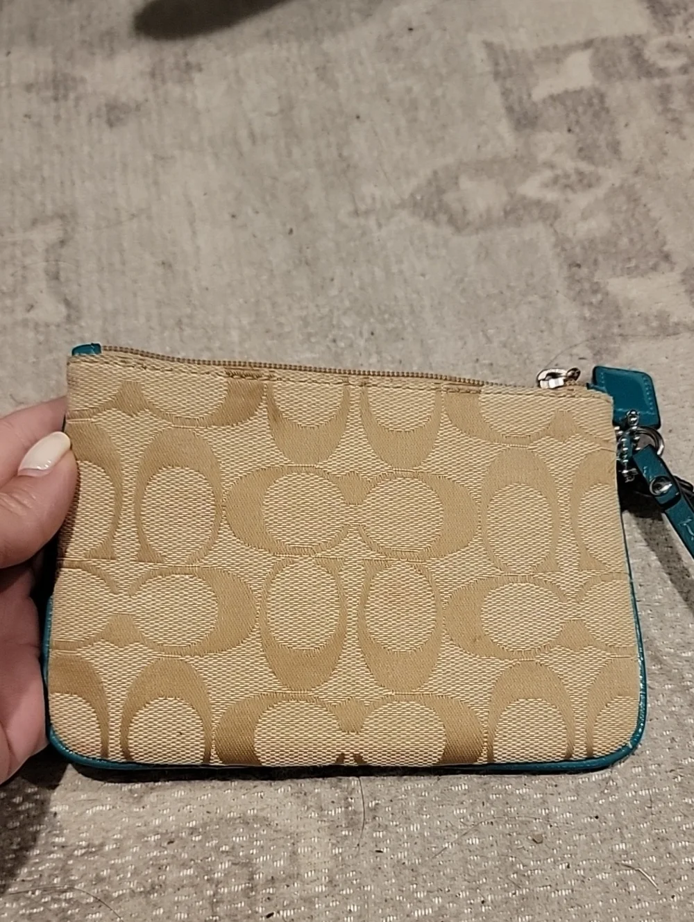 Coach Tan Signature Canvas Wristlet with Jade Green Stripe And Leather Trim